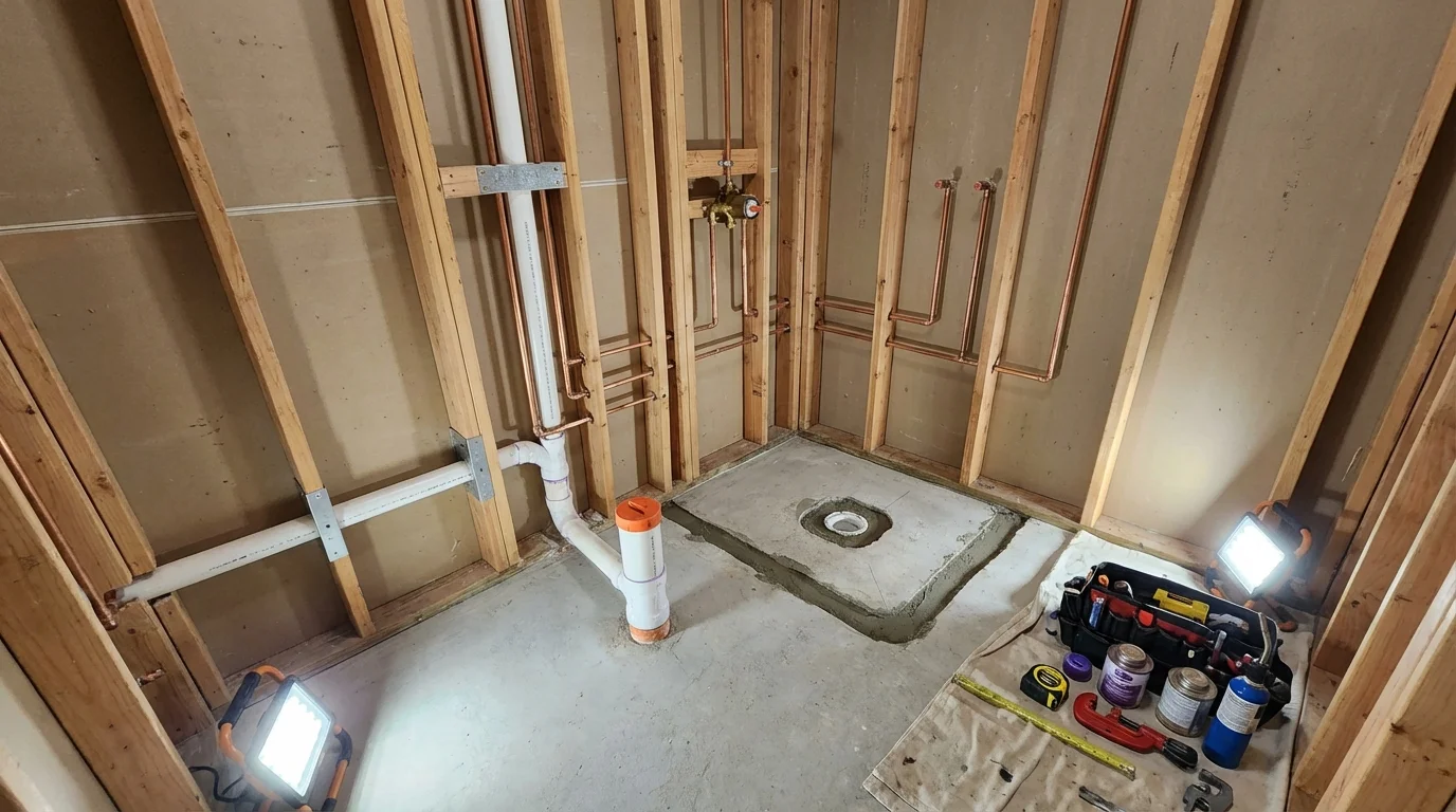 Bathroom rough-in plumbing during remodel by Johns Plumbing LLC in Santa Margarita