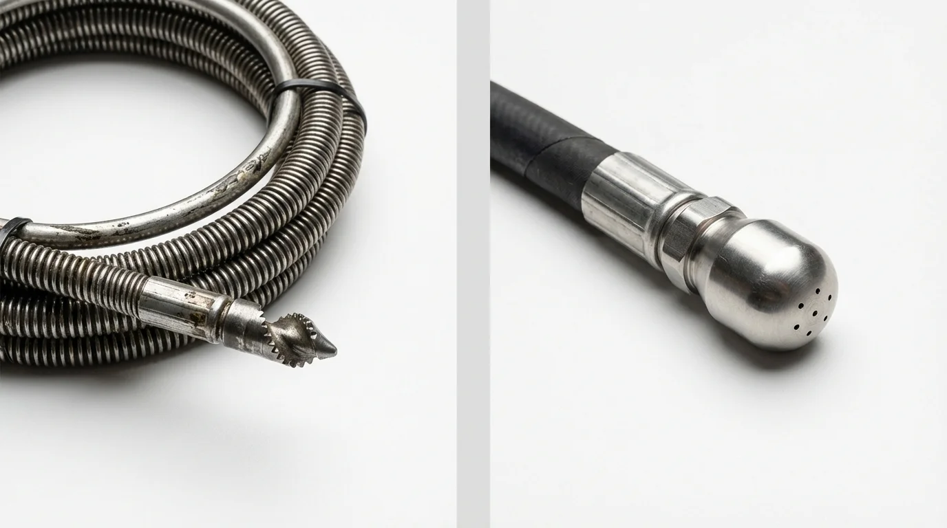 Drain snake cable and hydro jetting nozzle used for drain cleaning in Santa Margarita, CA