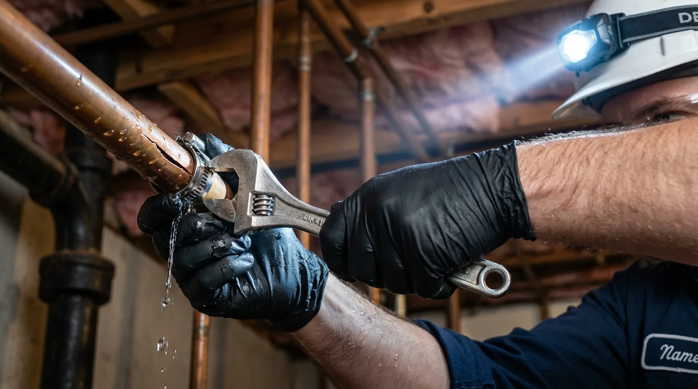 Emergency pipe clamp repair being performed by a Johns Plumbing LLC plumber in Santa Margarita