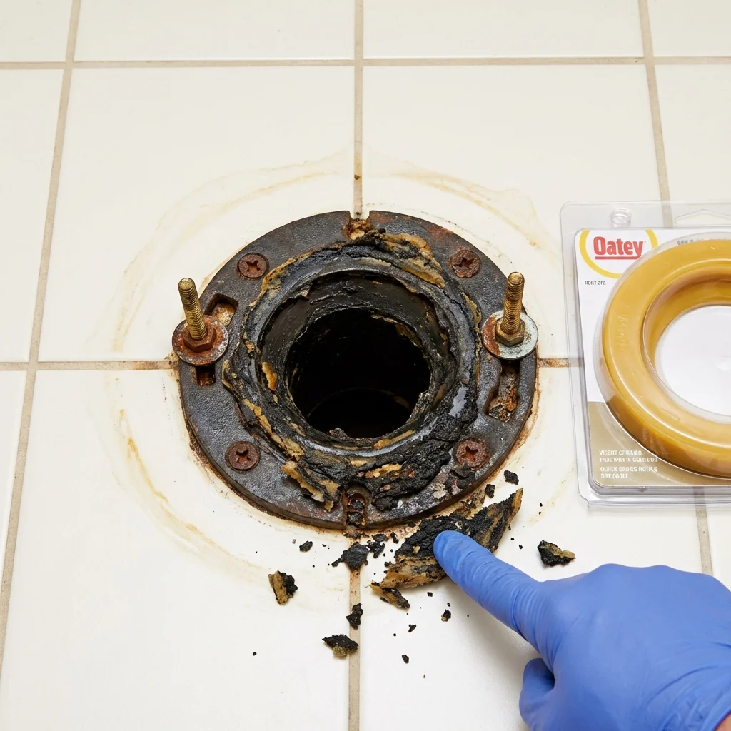 Failed wax ring showing water seepage at the base of a toilet in a Santa Margarita, CA home