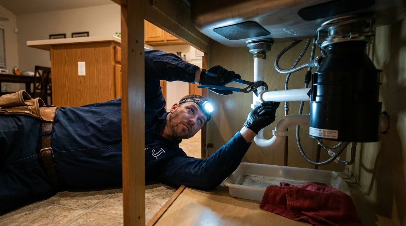 P-trap and supply line connections under a kitchen sink showing a common leak point in Santa Margarita, CA